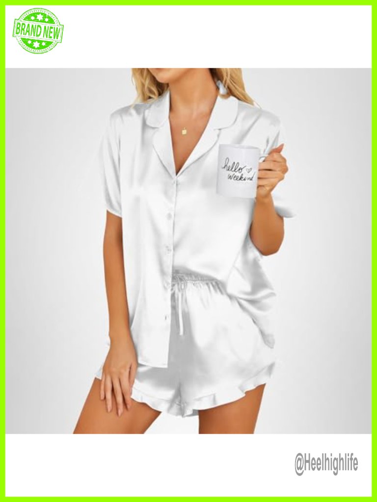 Satin Pajamas Set Button Down 2 Piece Silk Pjs Shorts Set Ruffle Notch Collar